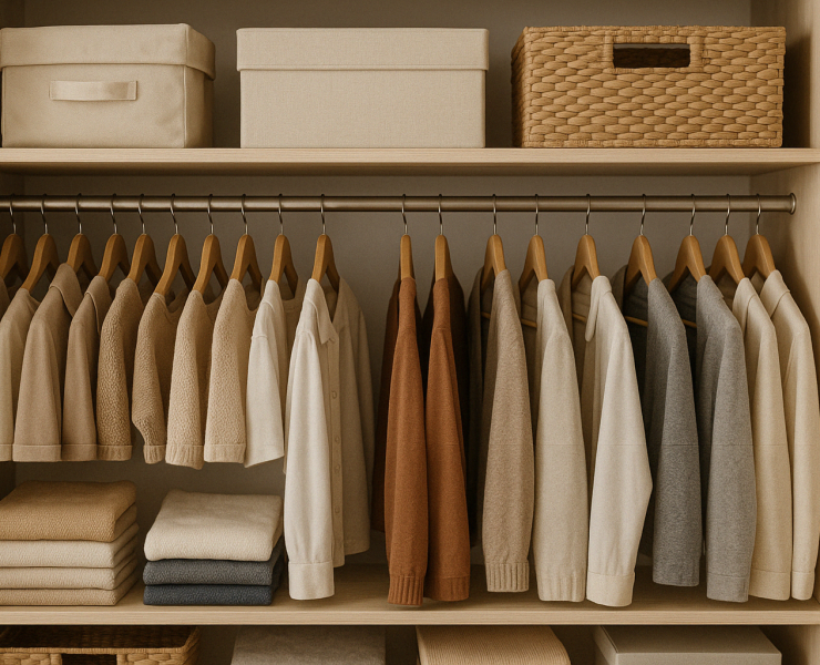 Placard organisé avec vêtements pliés et boîtes de rangement