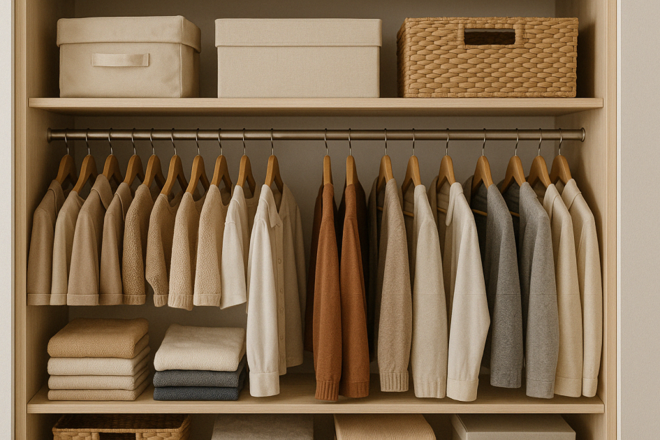 Placard organisé avec vêtements pliés et boîtes de rangement
