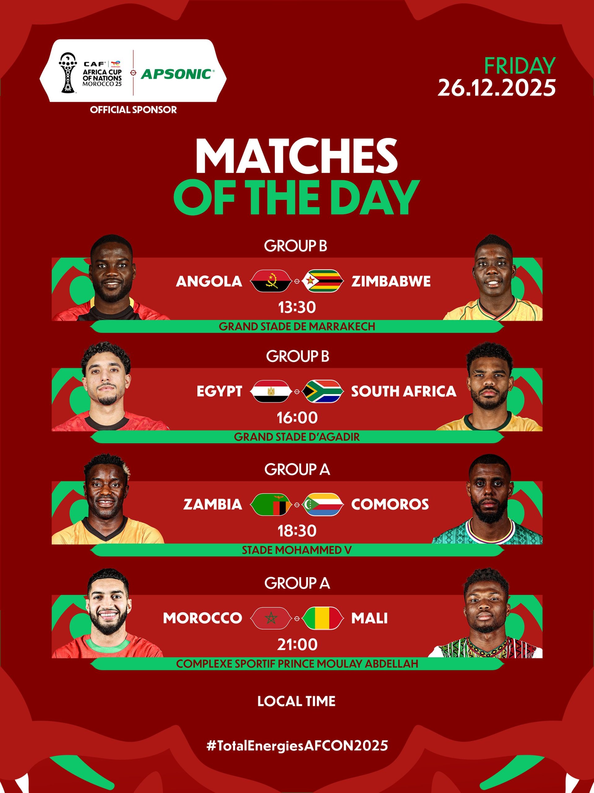 CAN 2025 au Maroc : Quatre matches décisifs ce vendredi, le Maroc face au Mali en point d’orgue 2 CAN 2025 Maroc : Programme du vendredi 26 décembre 2025